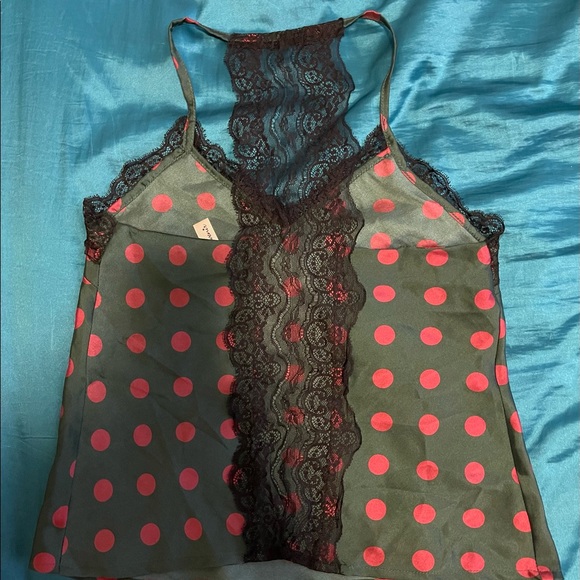 SOUVENIR Slip Lace camisole Top-Green With Red Polka Dots Sz Small - Picture 6 of 6